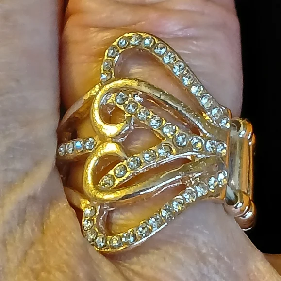 Paparazzi Goldtone Heart Scroll Stretch Ring With Clear Rhinestones - Picture 2 of 4